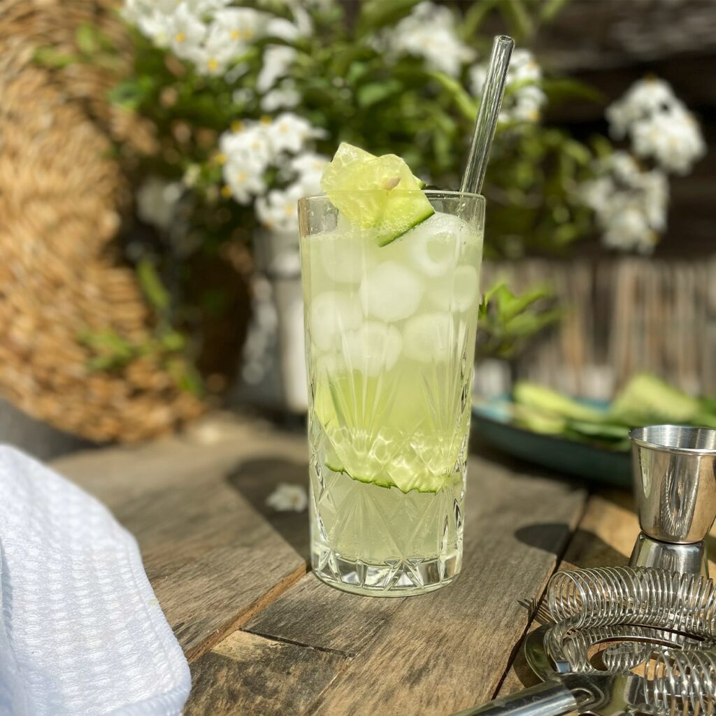 Basilikum Spritz mit Gurke wird in der Sonne gezeigt.